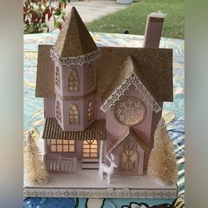 Christmas Decoration Light Up LED 11in Pink Victorian House